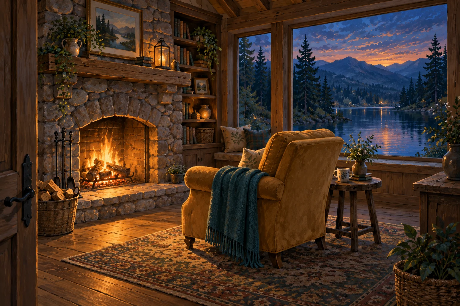 Ein gemütlicher Sessel am warmen Kamin, hinter dem Fenster liegt der See.